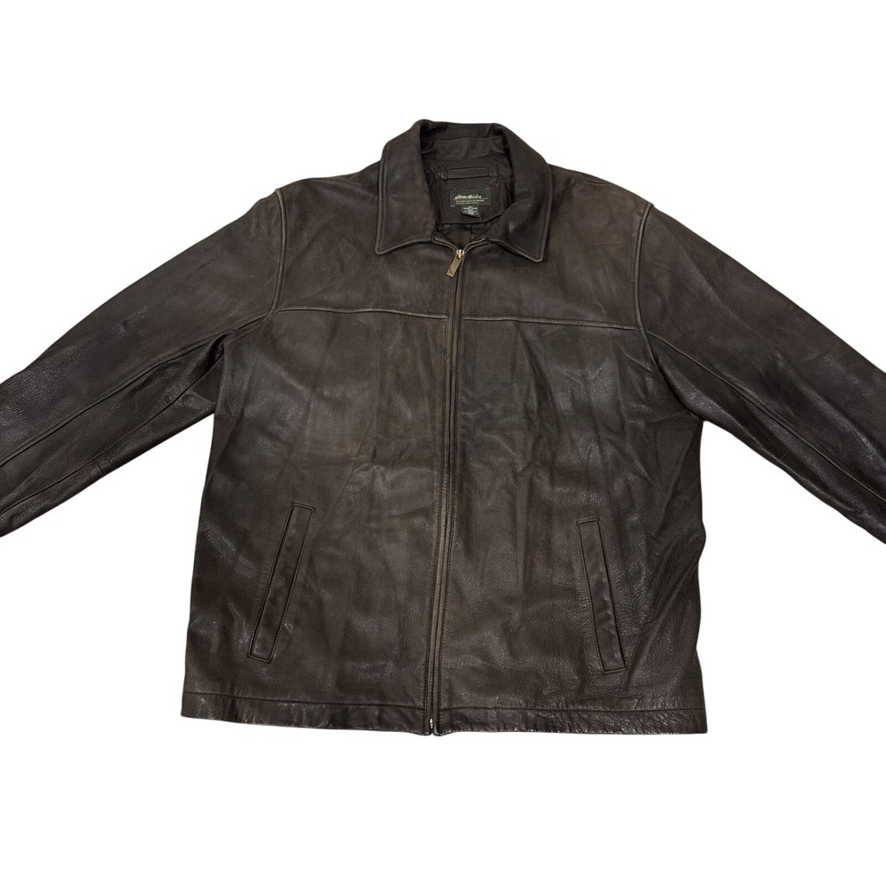 Eddie Bauer Leather Jacket Mens XL Tall Brown Bomber Quilt Insulated
